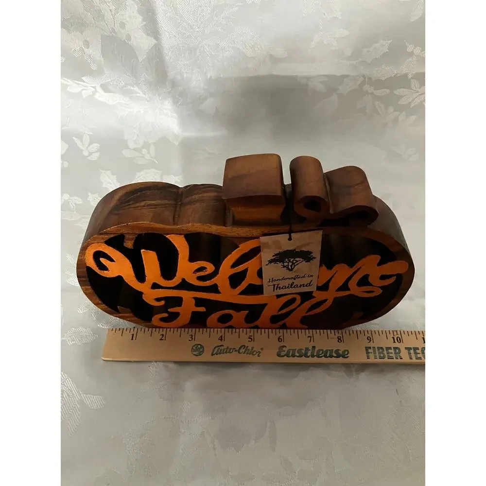 Handcrafted Acacia Wood Welcome Fall Pumpkin Decor Thailand Autumn Farmhouse